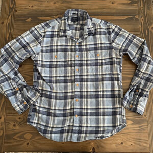 Men’s J.Crew Slim Flannel Shirt L Blue White Plaid Button Down